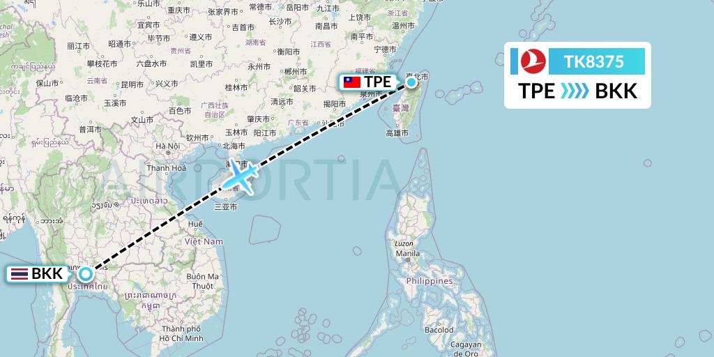 TK8375 Turkish Airlines Flight Map: Taipei to Bangkok