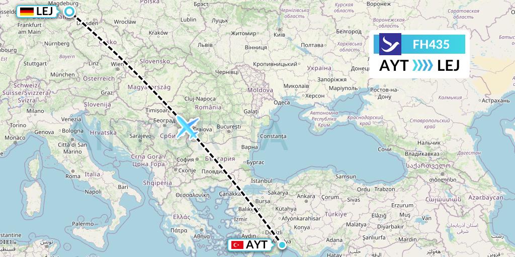 FH435 Freebird Airlines Flight Map: Antalya to Leipzig