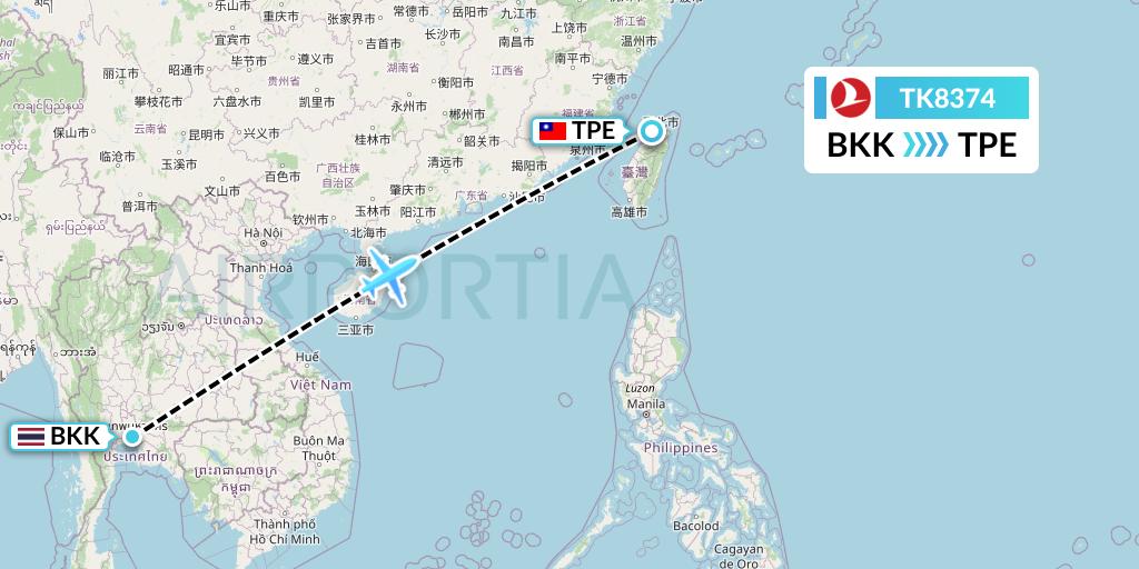 TK8374 Turkish Airlines Flight Map: Bangkok to Taipei