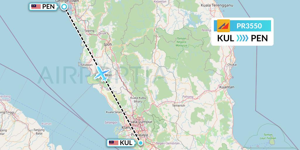 PR3550 Philippine Airlines Flight Map: Kuala Lumpur to Penang