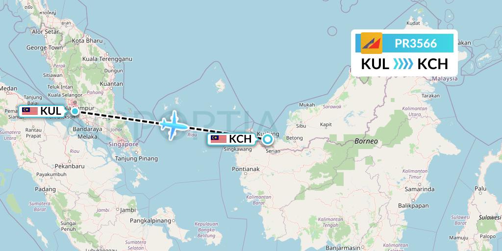 PR3566 Philippine Airlines Flight Map: Kuala Lumpur to Kuching