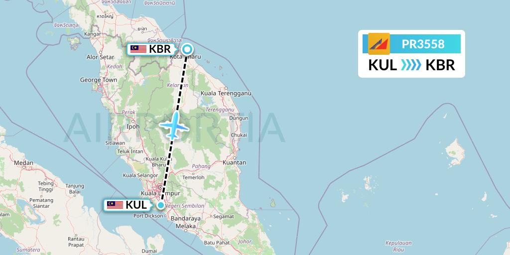 PR3558 Philippine Airlines Flight Map: Kuala Lumpur to Kota Bharu