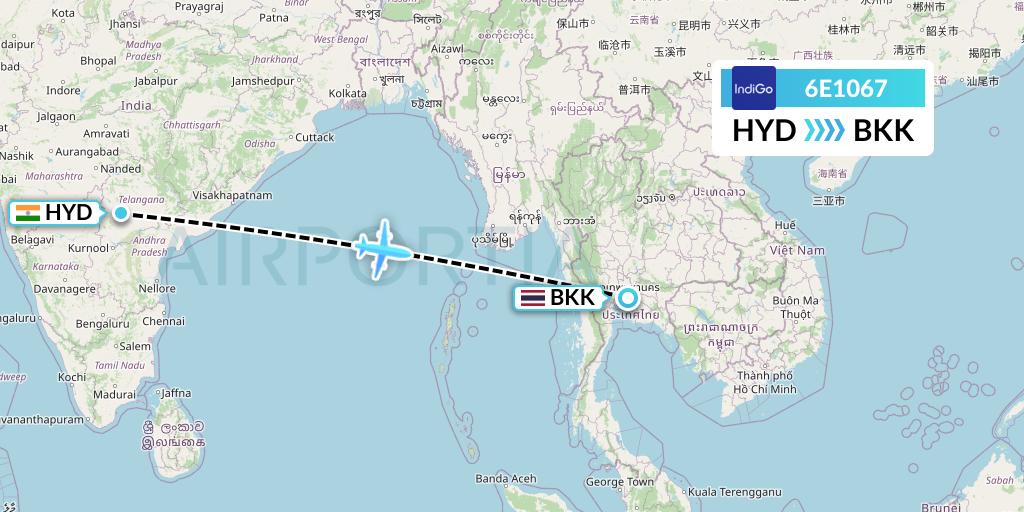 6E1067 IndiGo Airlines Flight Map: Hyderabad to Bangkok