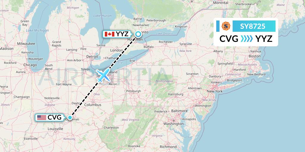 SY8725 Sun Country Airlines Flight Map: Cincinnati to Toronto