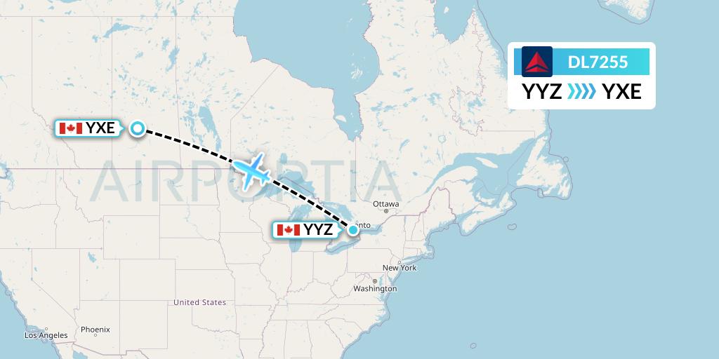 DL7255 Delta Air Lines Flight Map: Toronto to Saskatoon