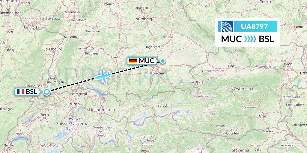 UA8797 United Airlines Flight Map: Munich to Basel