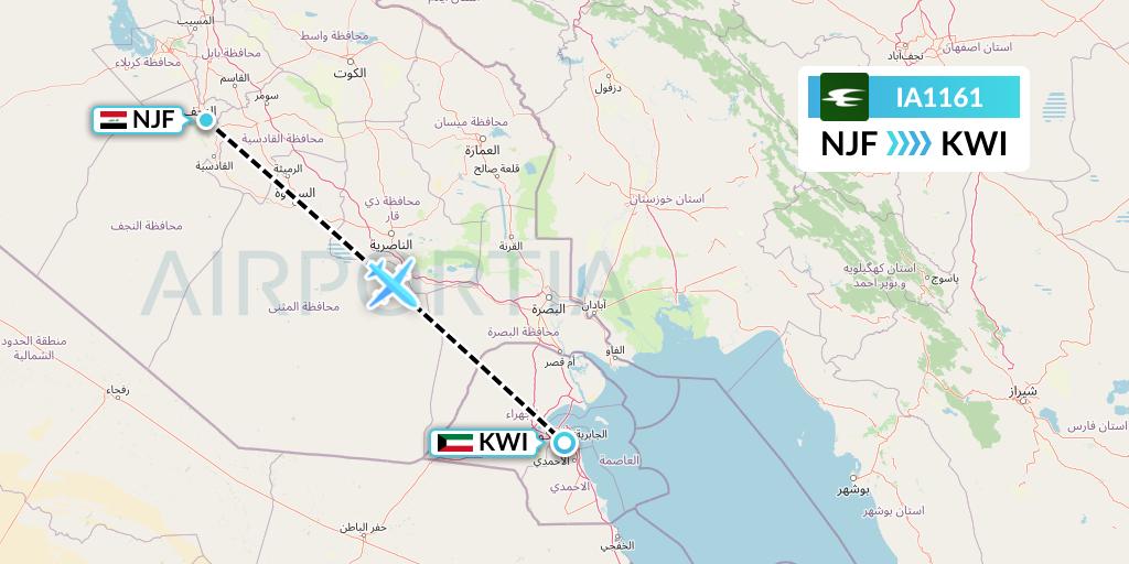 IA1161 Iraqi Airways Flight Map: Najaf to Kuwait City