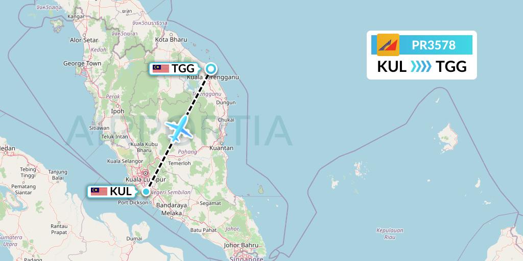 PR3578 Philippine Airlines Flight Map: Kuala Lumpur to Kuala Terengganu