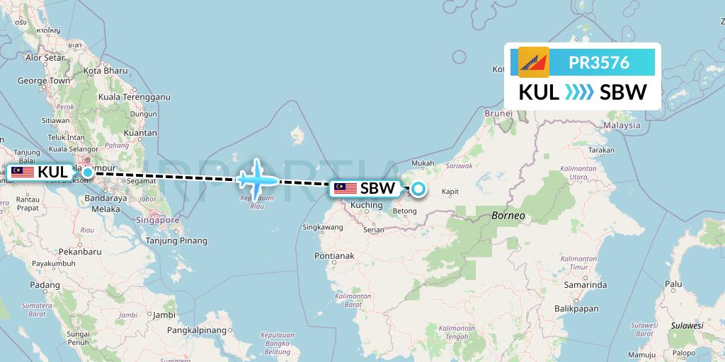 PR3576 Philippine Airlines Flight Map: Kuala Lumpur to Sibu
