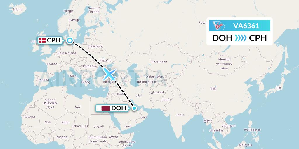 VA6361 Virgin Australia Flight Map: Doha to Copenhagen