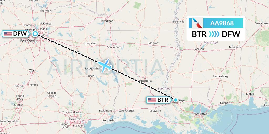 AA9868 American Airlines Flight Map: Baton Rouge to Dallas