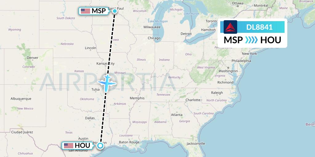 DL8841 Delta Air Lines Flight Map: Minneapolis to Houston