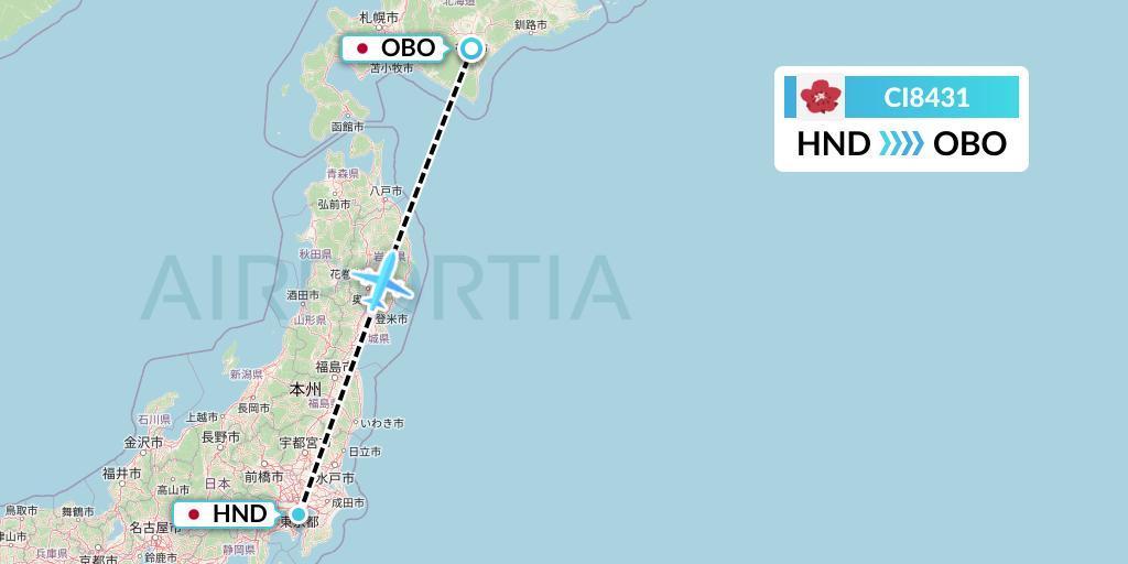 CI8431 China Airlines Flight Map: Tokyo to Obihiro
