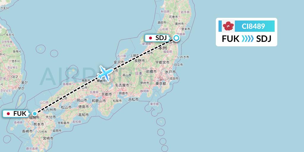 CI8489 China Airlines Flight Map: Fukuoka to Sendai