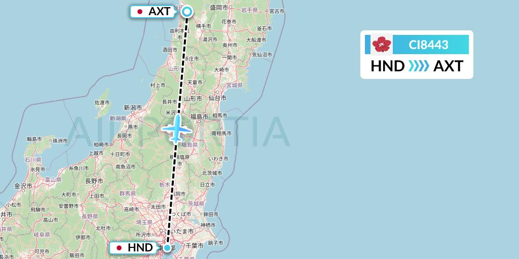 CI8443 China Airlines Flight Map: Tokyo to Akita