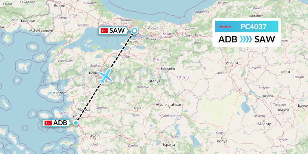 PC4037 Pegasus Airlines Flight Map: Izmir to Istanbul