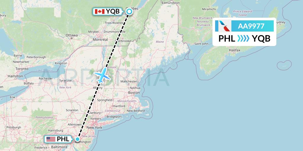 AA9977 American Airlines Flight Map: Philadelphia to Quebec