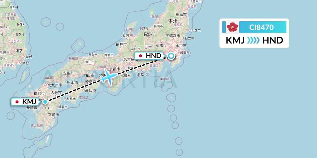 CI8470 China Airlines Flight Map: Kumamoto to Tokyo