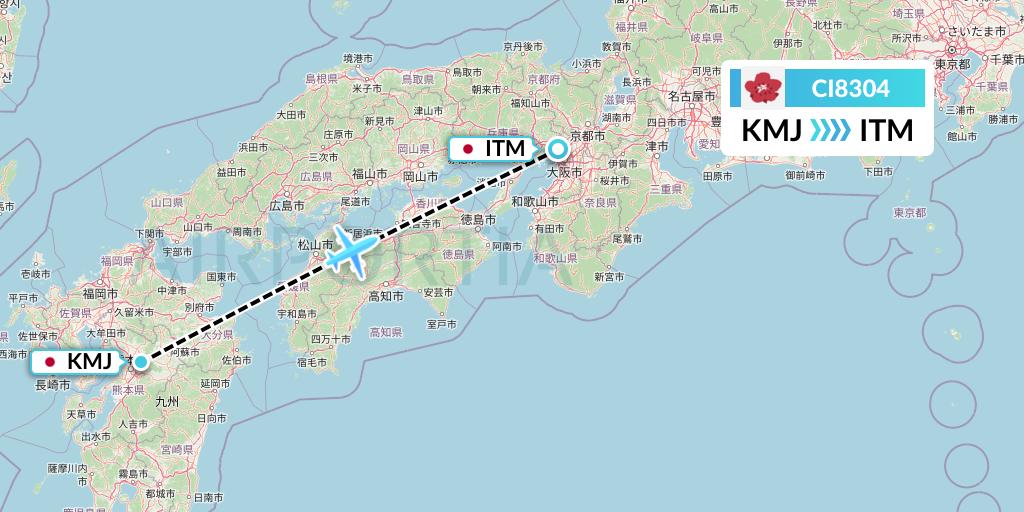 CI8304 China Airlines Flight Map: Kumamoto to Osaka