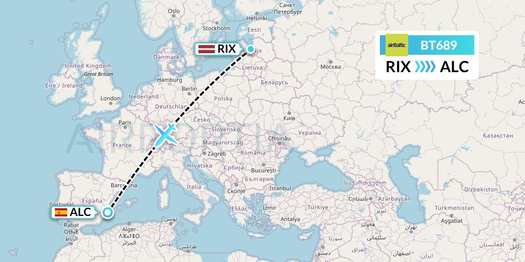 BT689 Air Baltic Flight Map: Riga to Alicante
