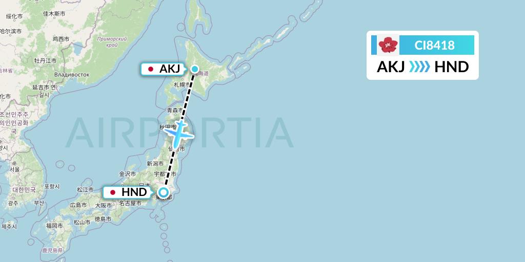 CI8418 China Airlines Flight Map: Asahikawa to Tokyo
