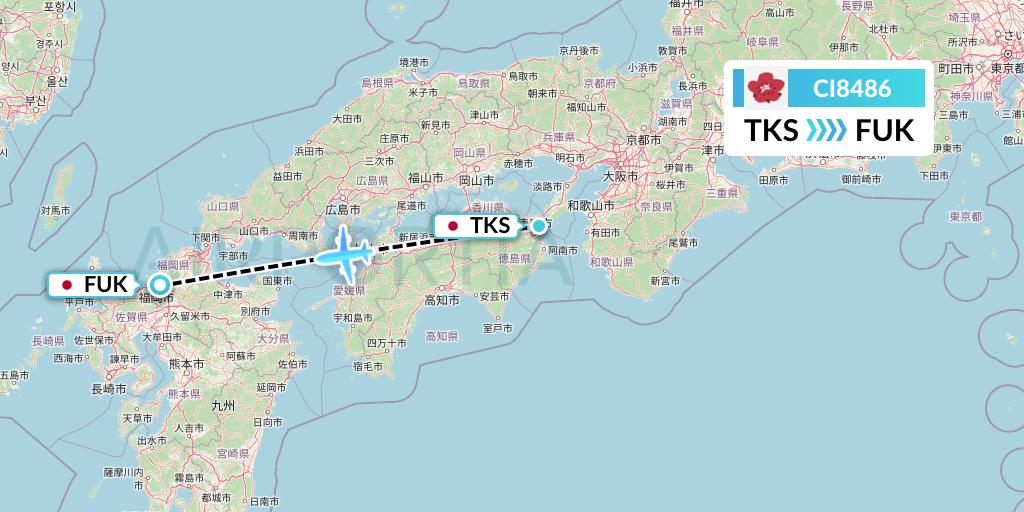 CI8486 China Airlines Flight Map: Tokushima to Fukuoka