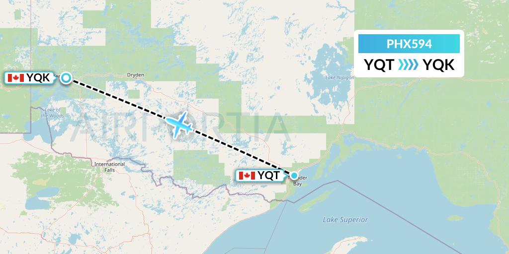 PHX594 SkyCare Flight Map: Thunder Bay to Kenora
