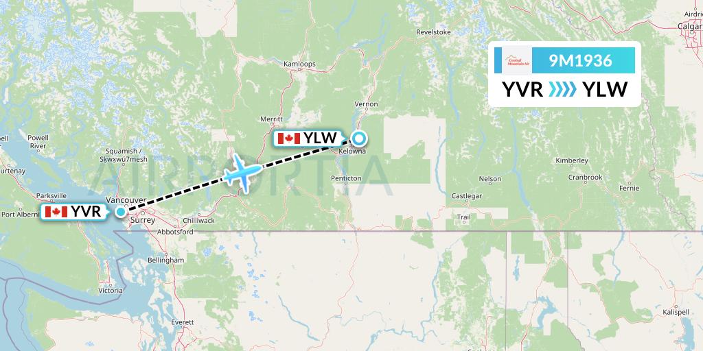 9M1936 Central Mountain Air Flight Map: Vancouver to Kelowna