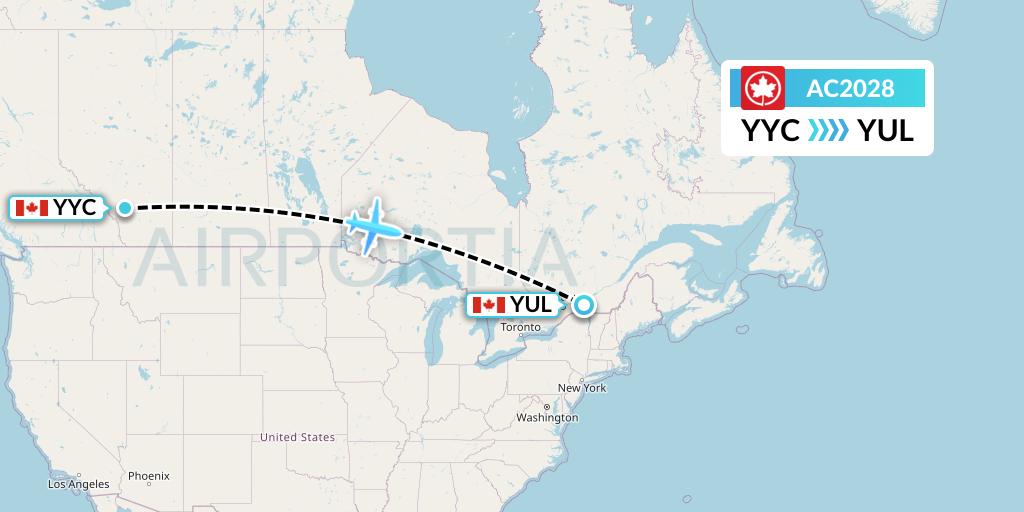 AC2028 Air Canada Flight Map: Calgary to Montreal