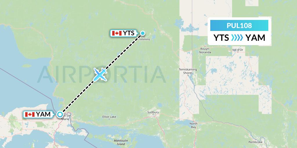 PUL108 Ornge Air Flight Map: Timmins to Sault Ste. Marie