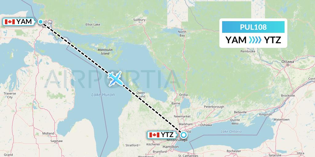 PUL108 Ornge Air Flight Map: Sault Ste. Marie to Toronto