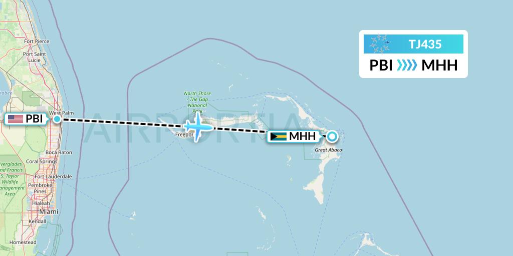 TJ435 Tradewind Aviation Flight Map: West Palm Beach to Marsh Harbour