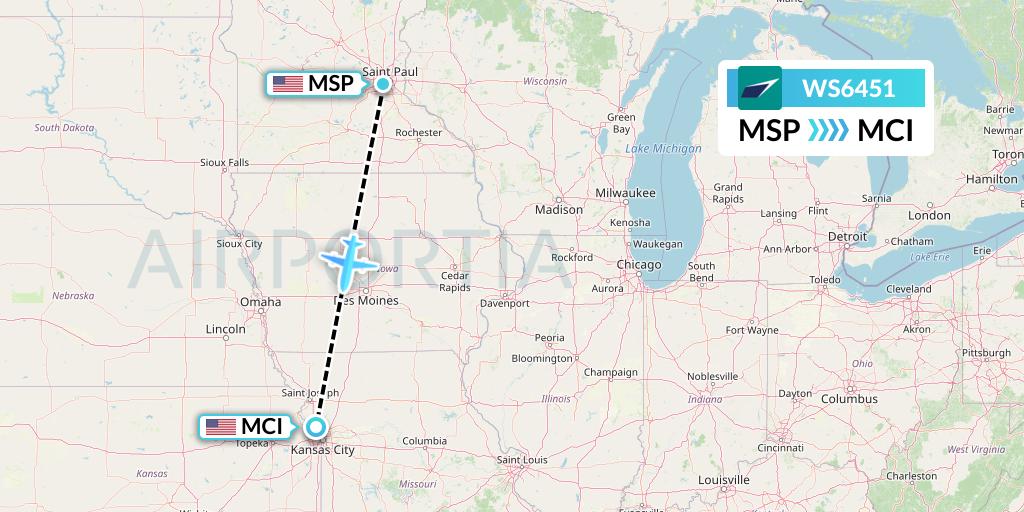 WS6451 WestJet Flight Map: Minneapolis to Kansas City