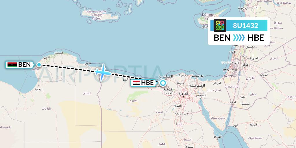 8U1432 Afriqiyah Airways Flight Map: Benghazi to Alexandria