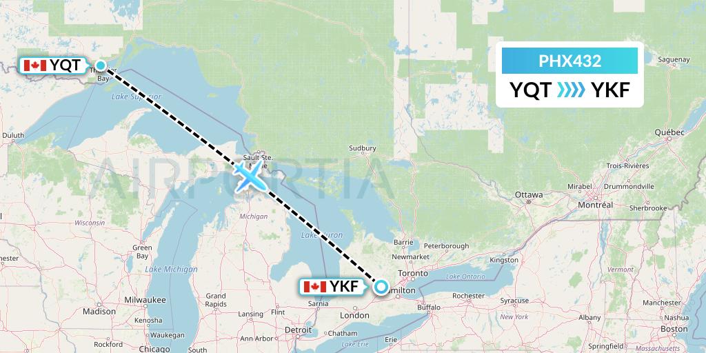PHX432 SkyCare Flight Map: Thunder Bay to Waterloo
