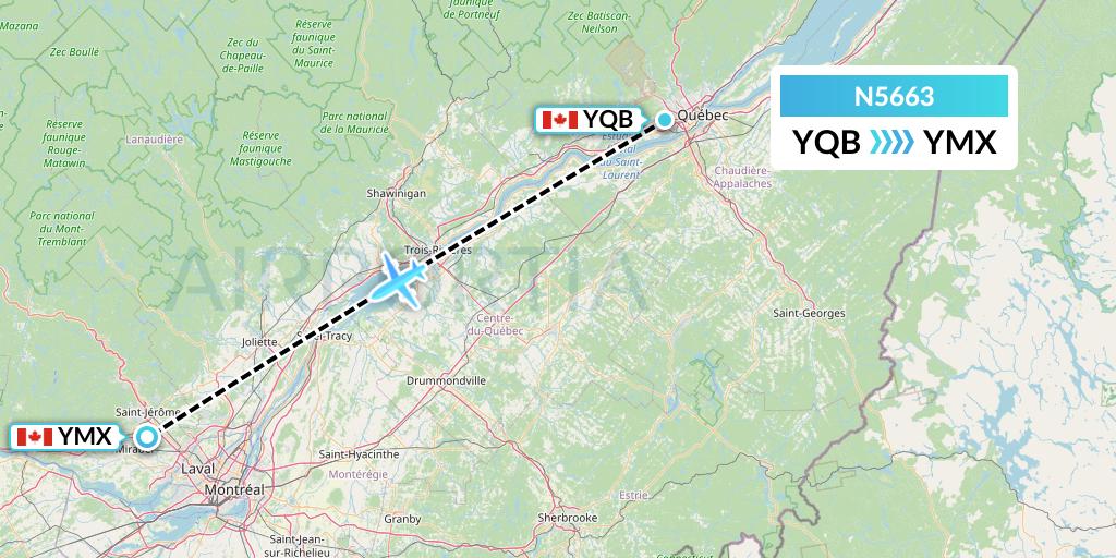 N5663 Nolinor Aviation Flight Map: Quebec to Montreal