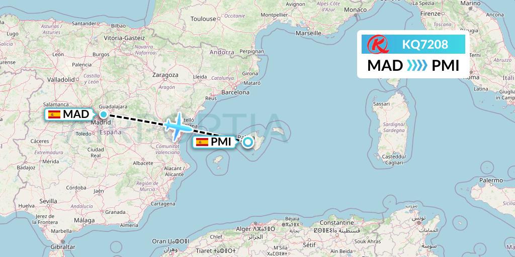 KQ7208 Kenya Airways Flight Map: Madrid to Palma de Mallorca