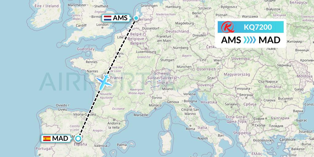 KQ7200 Kenya Airways Flight Map: Amsterdam to Madrid