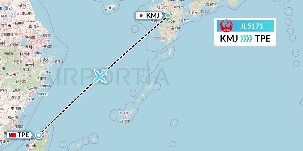 JL5171 Japan Airlines Flight Map: Kumamoto to Taipei
