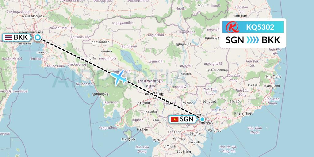 KQ5302 Kenya Airways Flight Map: Ho Chi Minh City to Bangkok