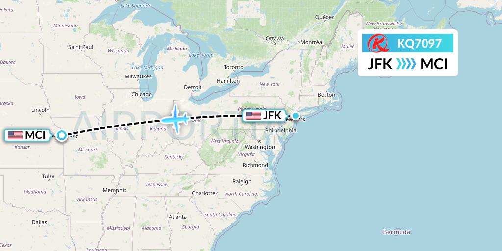 KQ7097 Kenya Airways Flight Map: New York to Kansas City