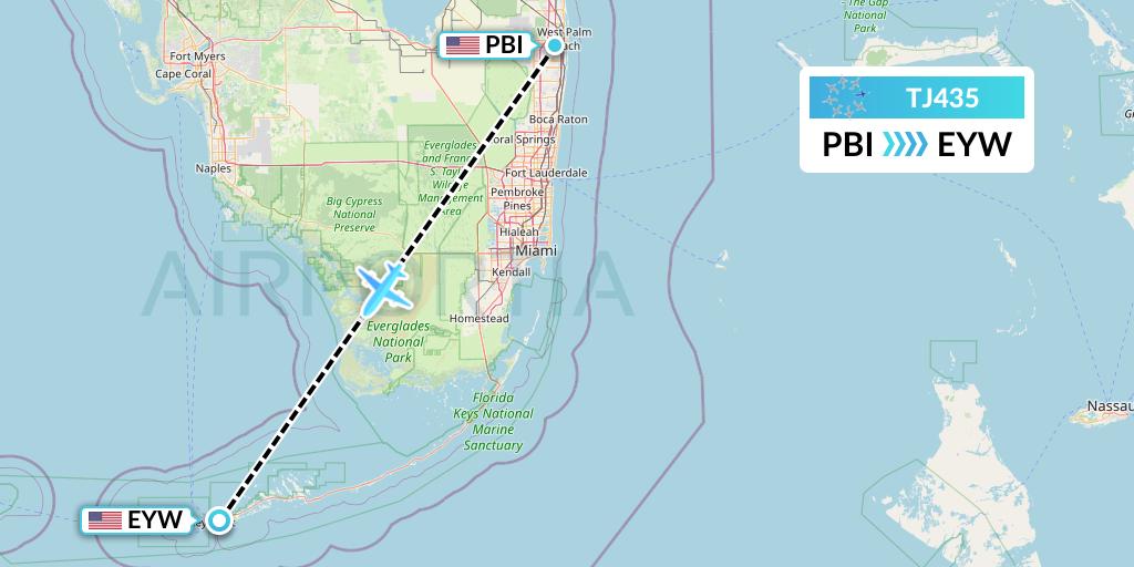 TJ435 Tradewind Aviation Flight Map: West Palm Beach to Key West