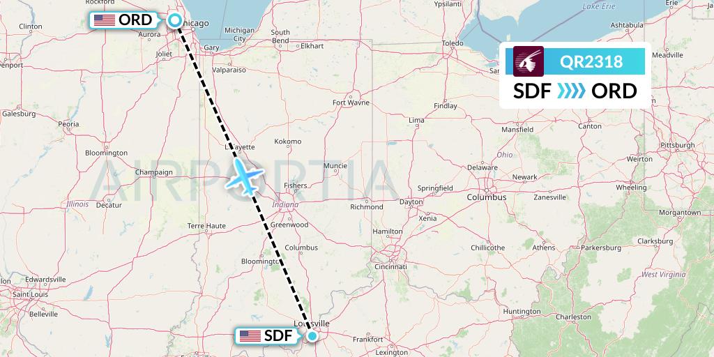 QR2318 Qatar Airways Flight Map: Louisville to Chicago