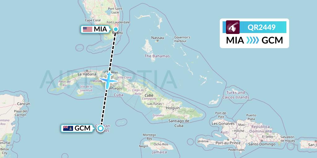QR2449 Qatar Airways Flight Map: Miami to George Town