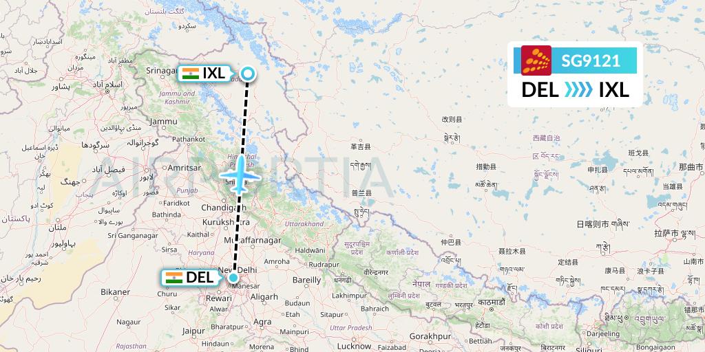 SG9121 SpiceJet Flight Map: Delhi to Leh