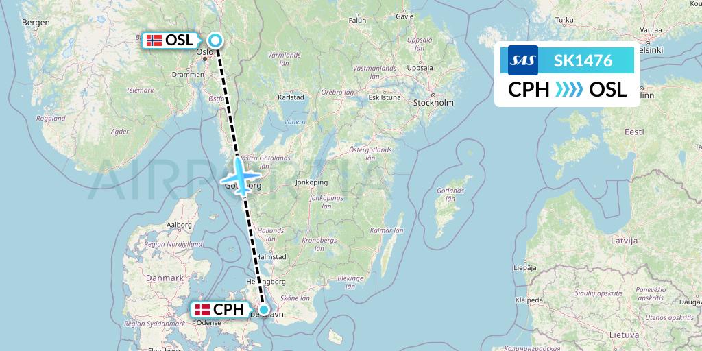 SK1476 SAS Flight Map: Copenhagen to Oslo
