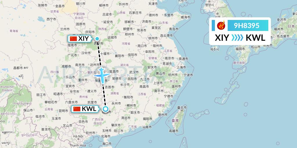 9H8395 Air Changan Flight Map: Xi'an to Guilin