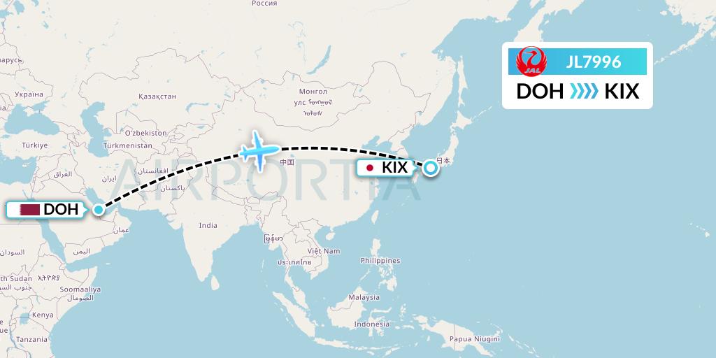 JL7996 Japan Airlines Flight Map: Doha to Osaka