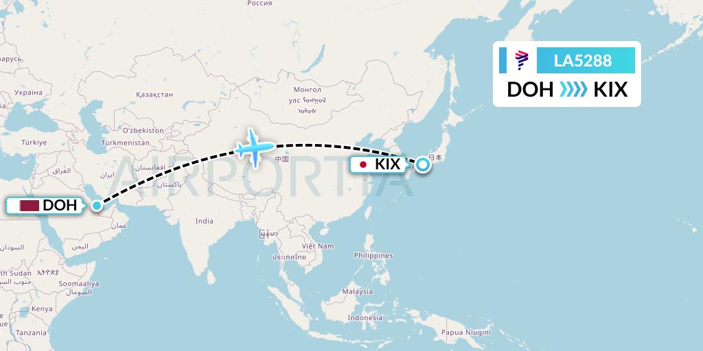LA5288 LAN Airlines Flight Map: Doha to Osaka