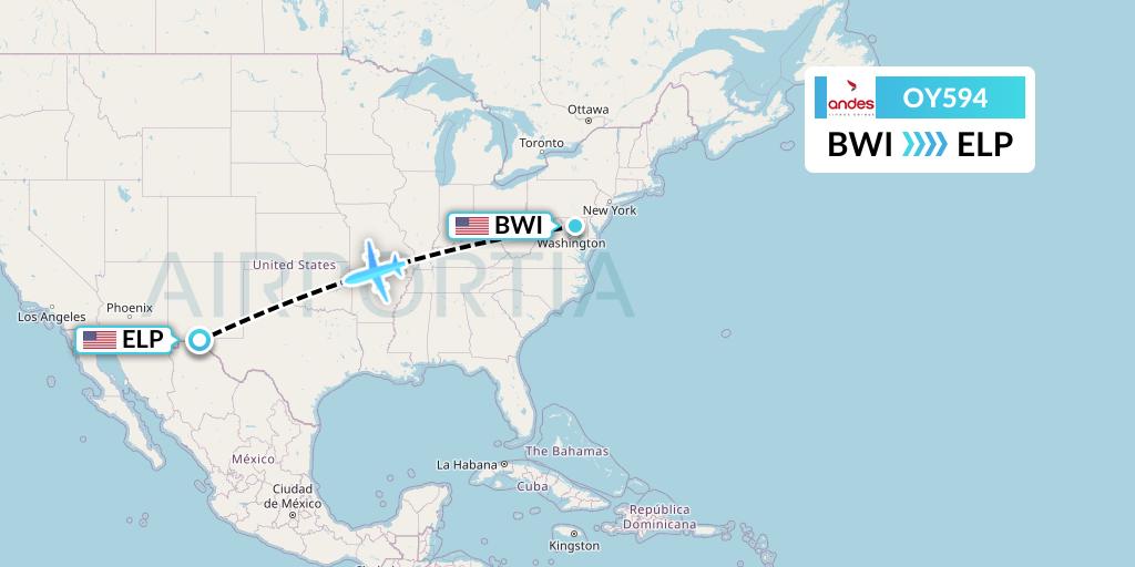 OY594 Omni Air International Flight Map: Baltimore to El Paso